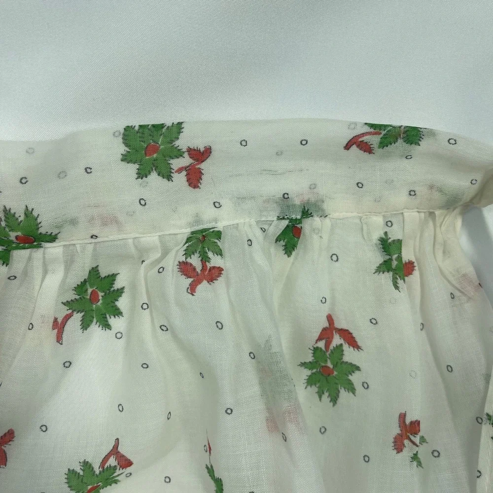 Vintage Christmas Half Apron Poinsettia Green Bow Print Two Pockets White Red